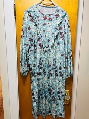 Zara Light Blue Floral Midi Dress with Burgundy and White Flowers